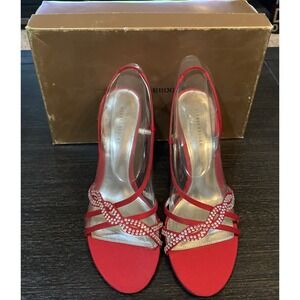 Audrey Brooke Red Satin Rhinestone Strappy Heels Sandals Women's Size 10 New